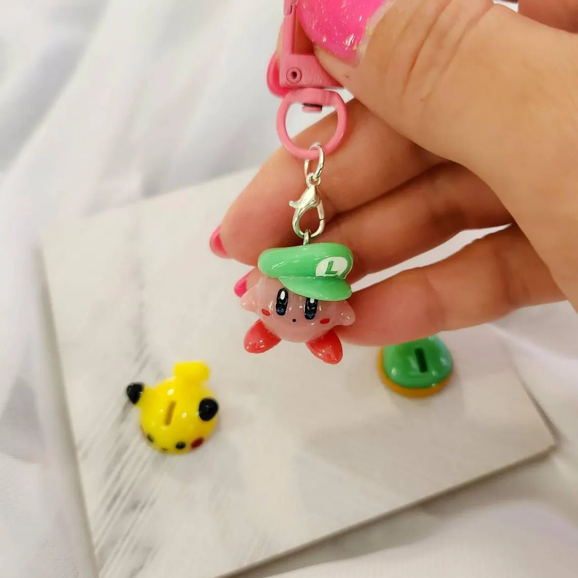 Kirby Interchangable pikachu/luigi/link hats key chain/key ring charm - SERIES 1