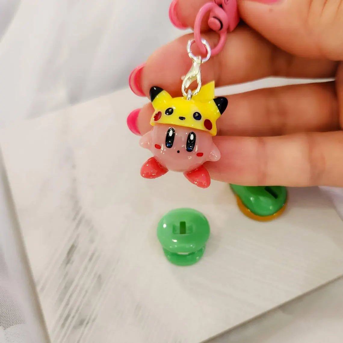 Kirby Interchangable pikachu/luigi/link hats key chain/key ring charm - SERIES 1