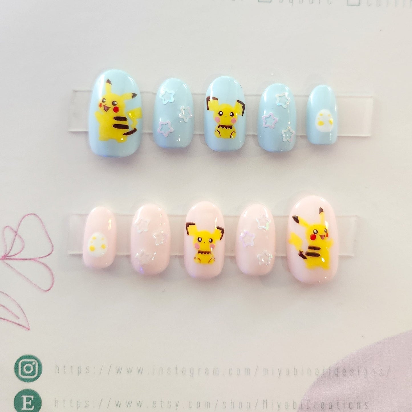 Pink & blue Pikachu press - on nails