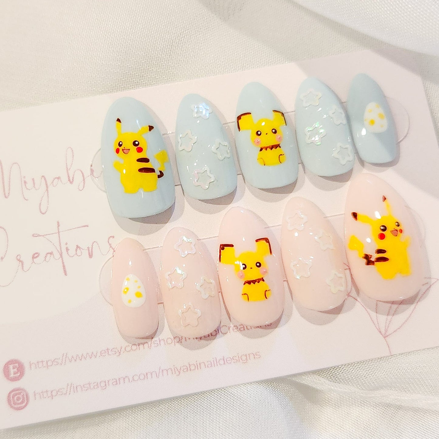 Pink & blue Pikachu press - on nails